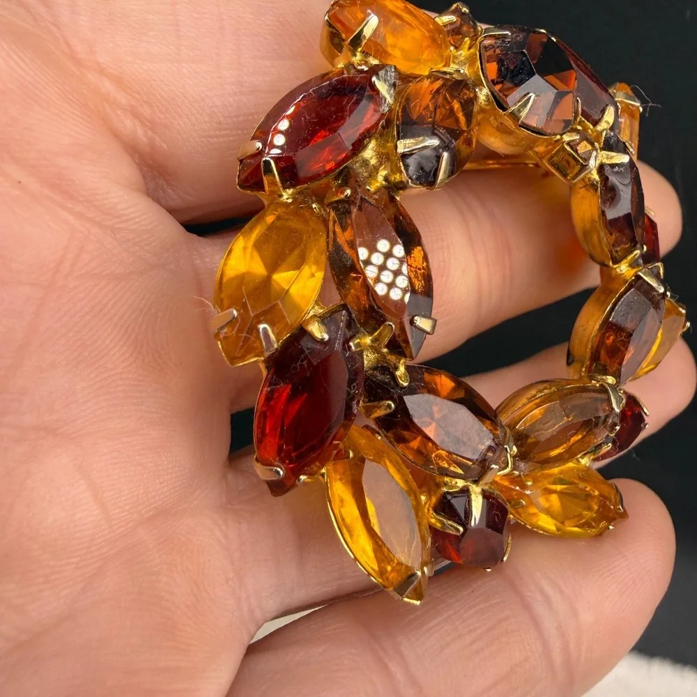Vintage Rhinestone Brooch Gold Tone Fall Autumn Orange Red Well Made Open Back